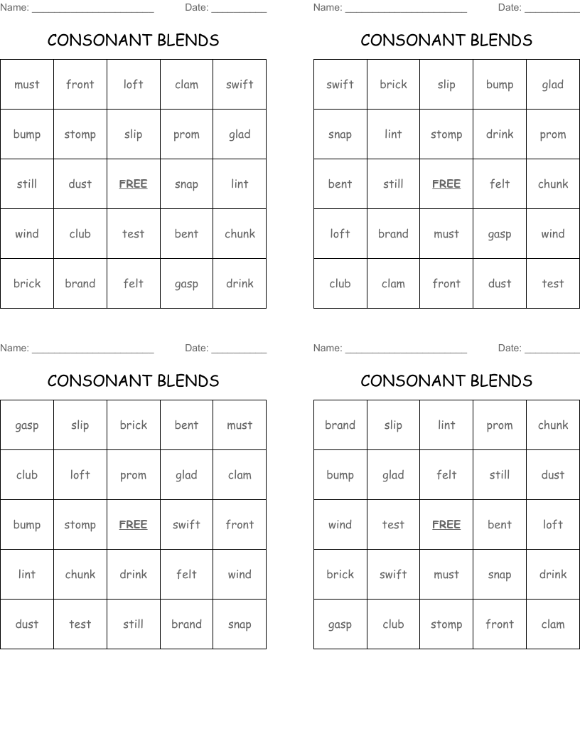 CONSONANT BLENDS Bingo Cards