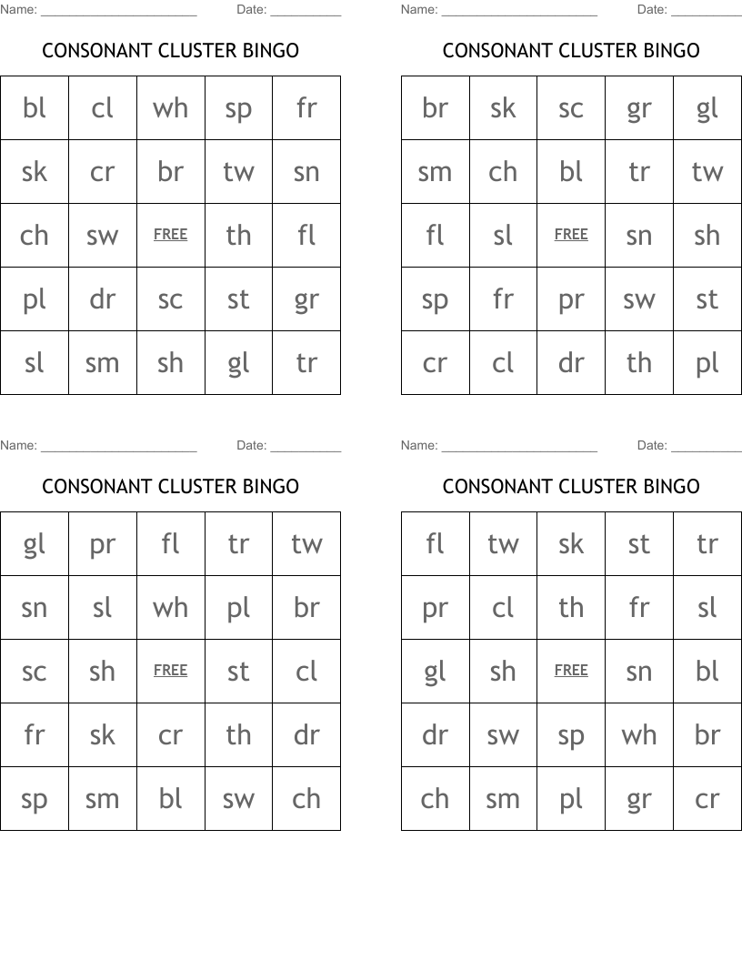 CONSONANT CLUSTER BINGO
