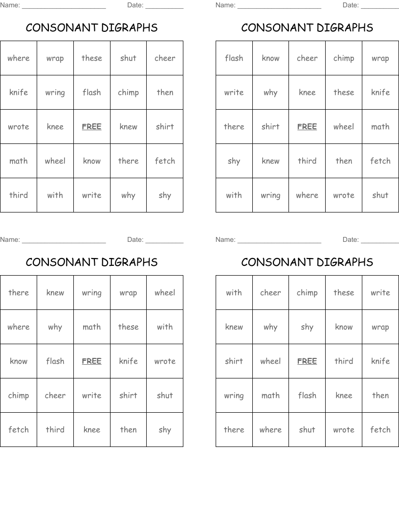 CONSONANT DIGRAPHS Bingo Cards