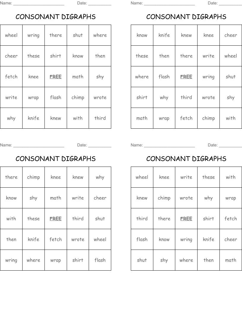 CONSONANT DIGRAPHS Bingo Cards