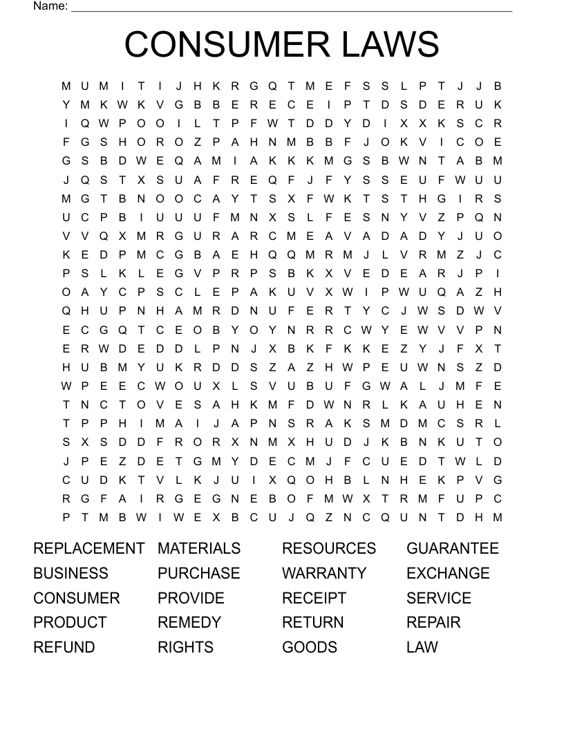 CONSUMER LAWS Word Search