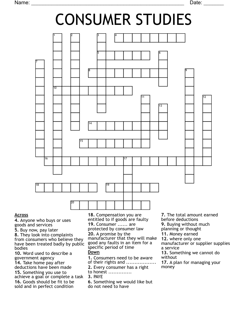 CONSUMER STUDIES Crossword