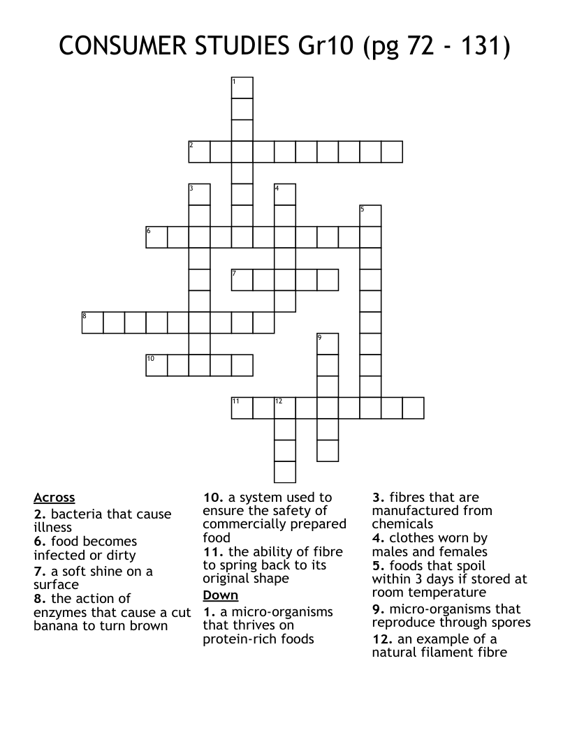 CONSUMER STUDIES Gr10 (pg 72 - 131) Crossword