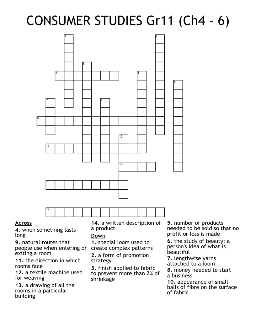 CONSUMER STUDIES Gr11 (Ch4 - 6) Crossword
