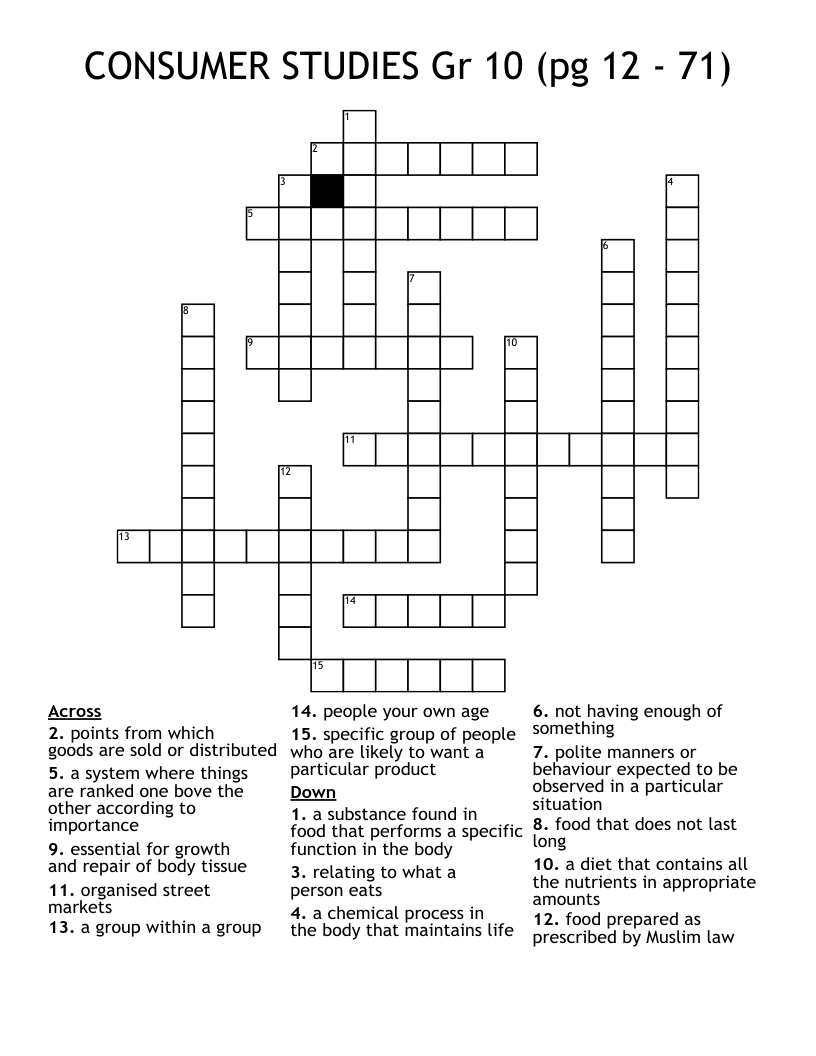 CONSUMER STUDIES Gr 10 (pg 12 - 71) Crossword