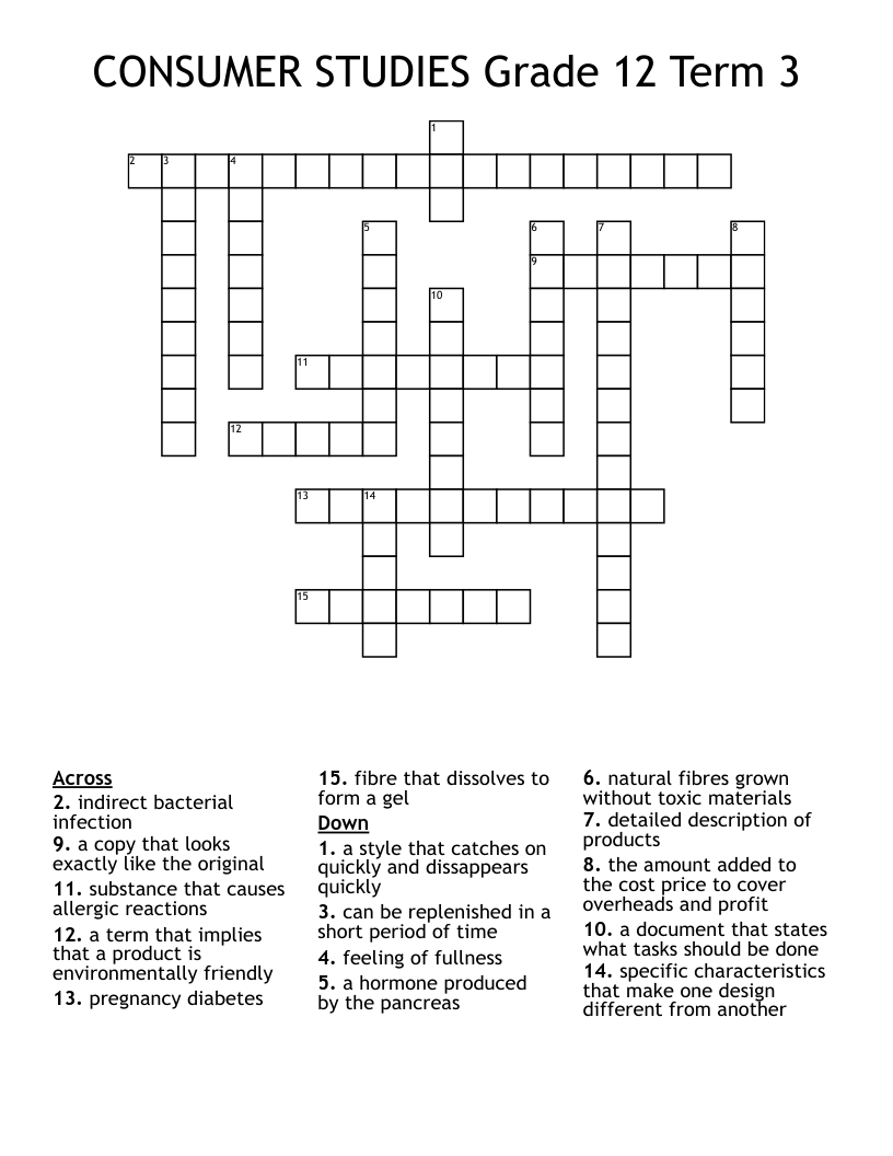 CONSUMER STUDIES Grade 12 Term 3 Crossword