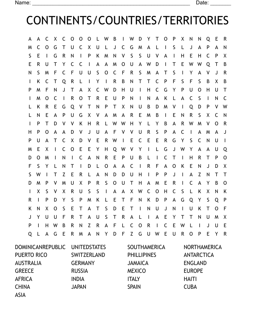CONTINENTS/COUNTRIES/TERRITORIES Word Search