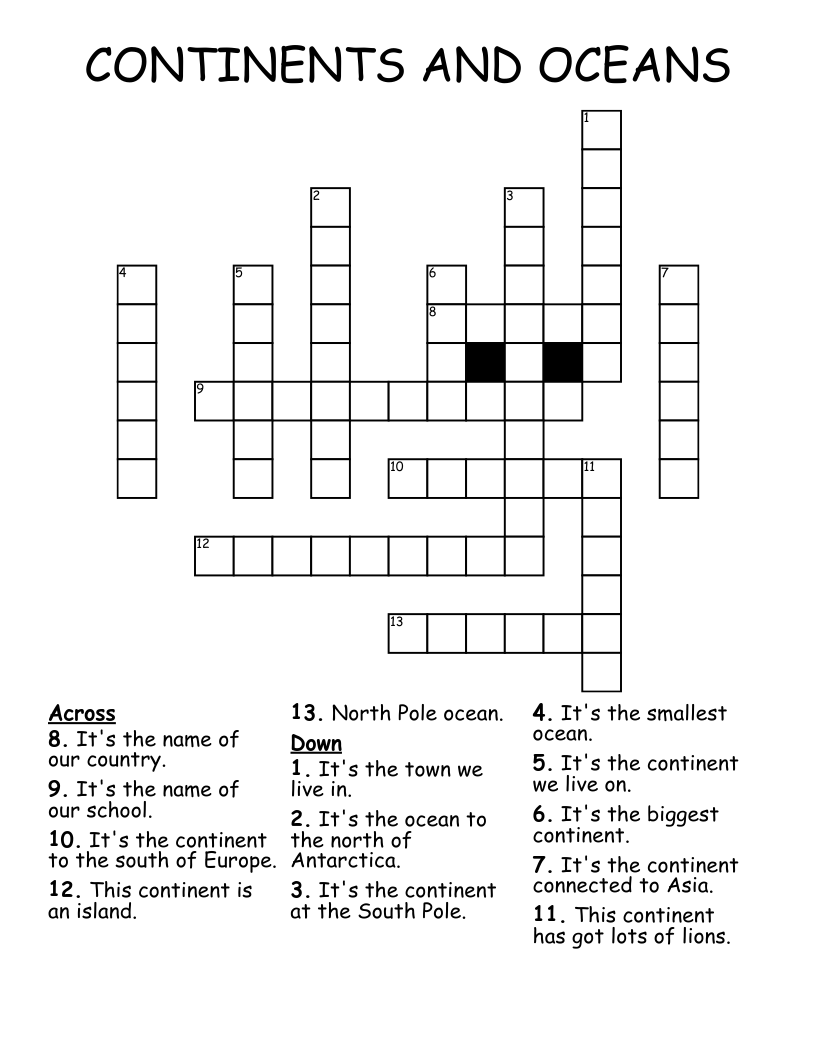 CONTINENTS AND OCEANS Crossword