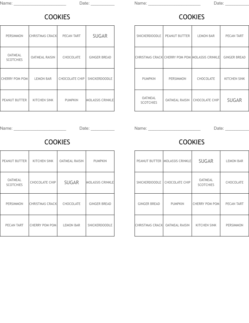 COOKIES Bingo Cards