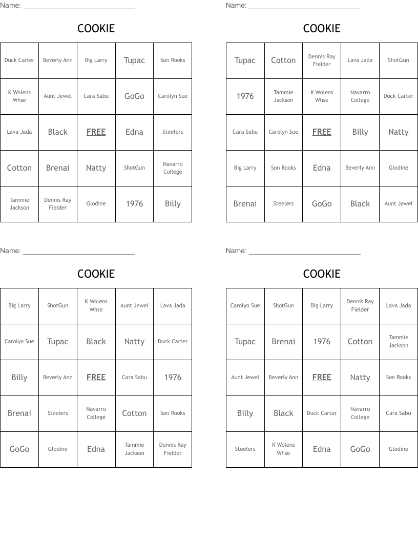 COOKIE Bingo Cards