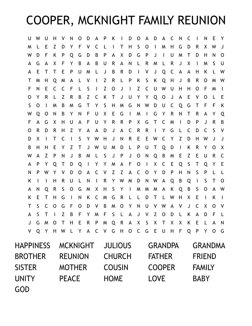 COOPER, MCKNIGHT FAMILY REUNION Word Search