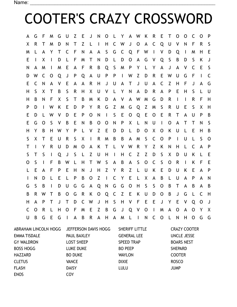 COOTER'S CRAZY CROSSWORD Word Search