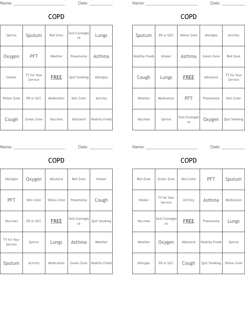 COPD Bingo Cards
