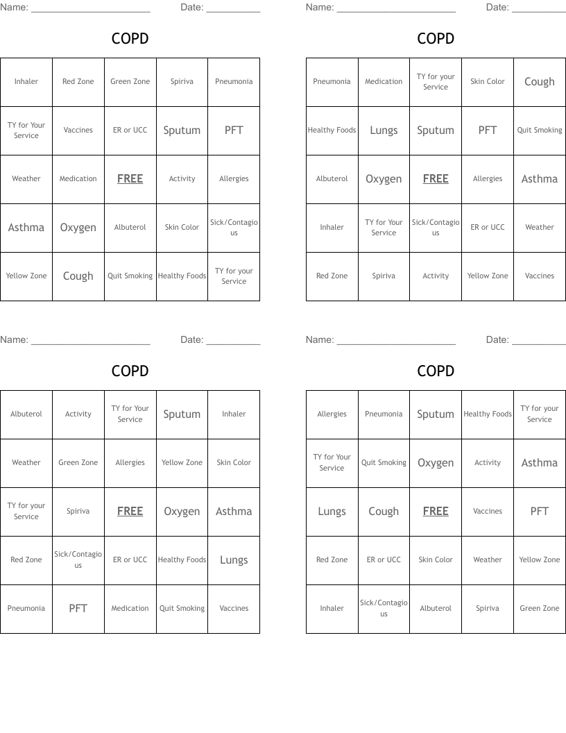 COPD Bingo Cards