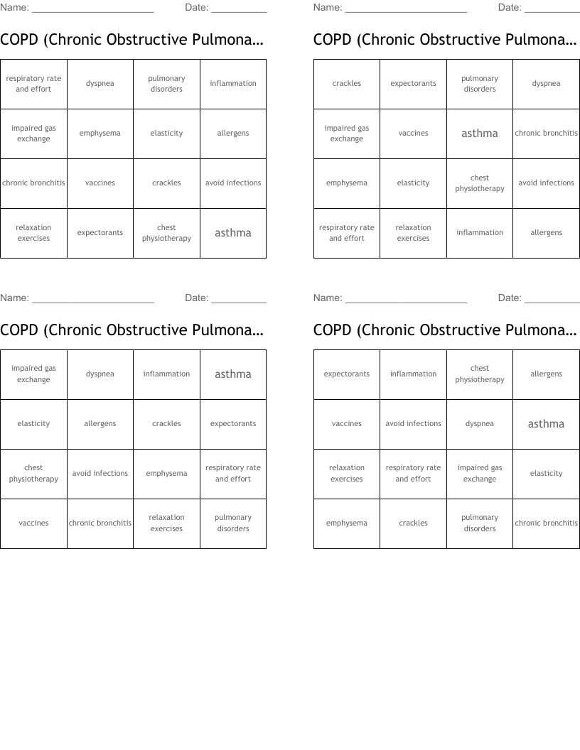 COPD (Chronic Obstructive Pulmonary Disease) Bingo Cards