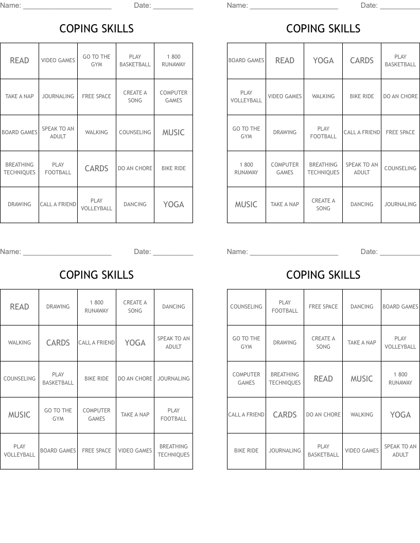 COPING SKILLS Bingo Cards