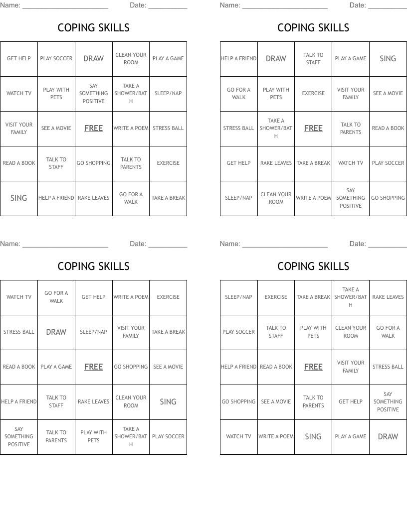 COPING SKILLS Bingo Cards