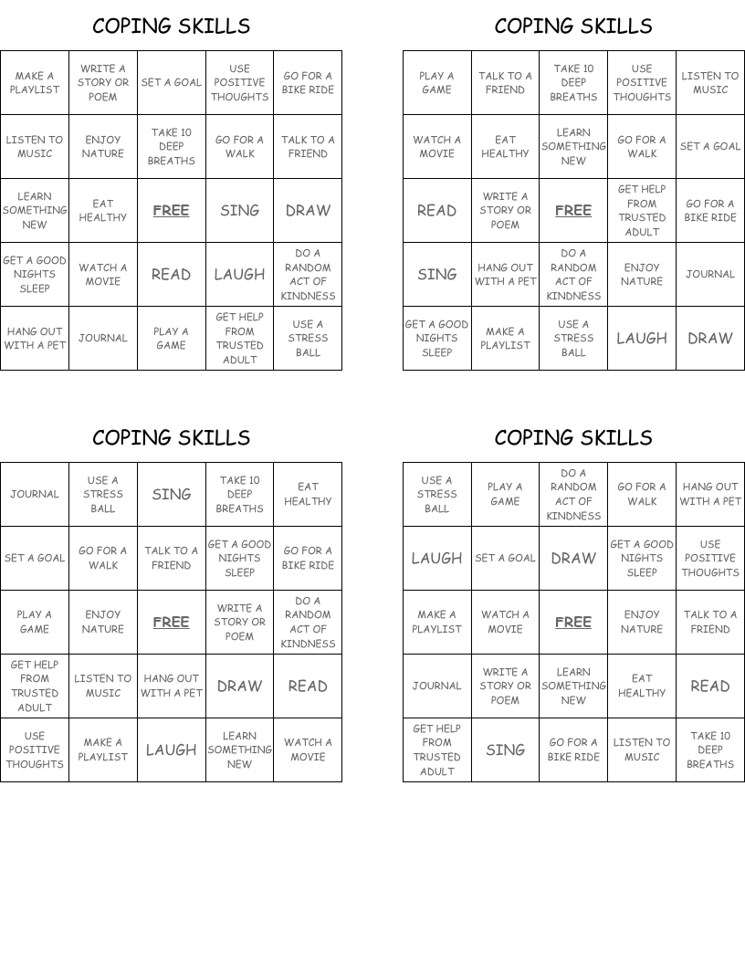 COPING SKILLS Bingo Cards