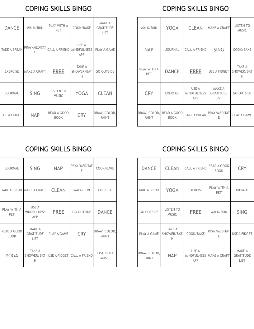 COPING SKILLS BINGO