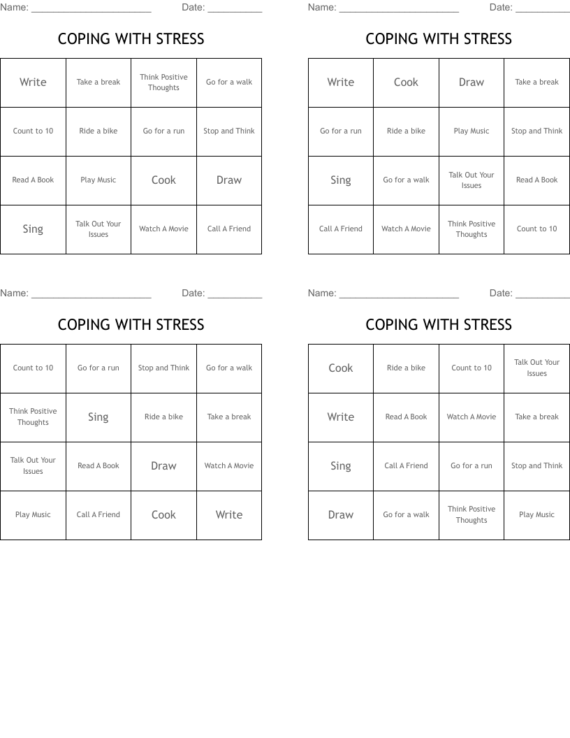 COPING WITH STRESS  Bingo Cards