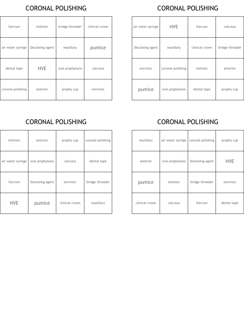 CORONAL POLISHING Bingo Cards