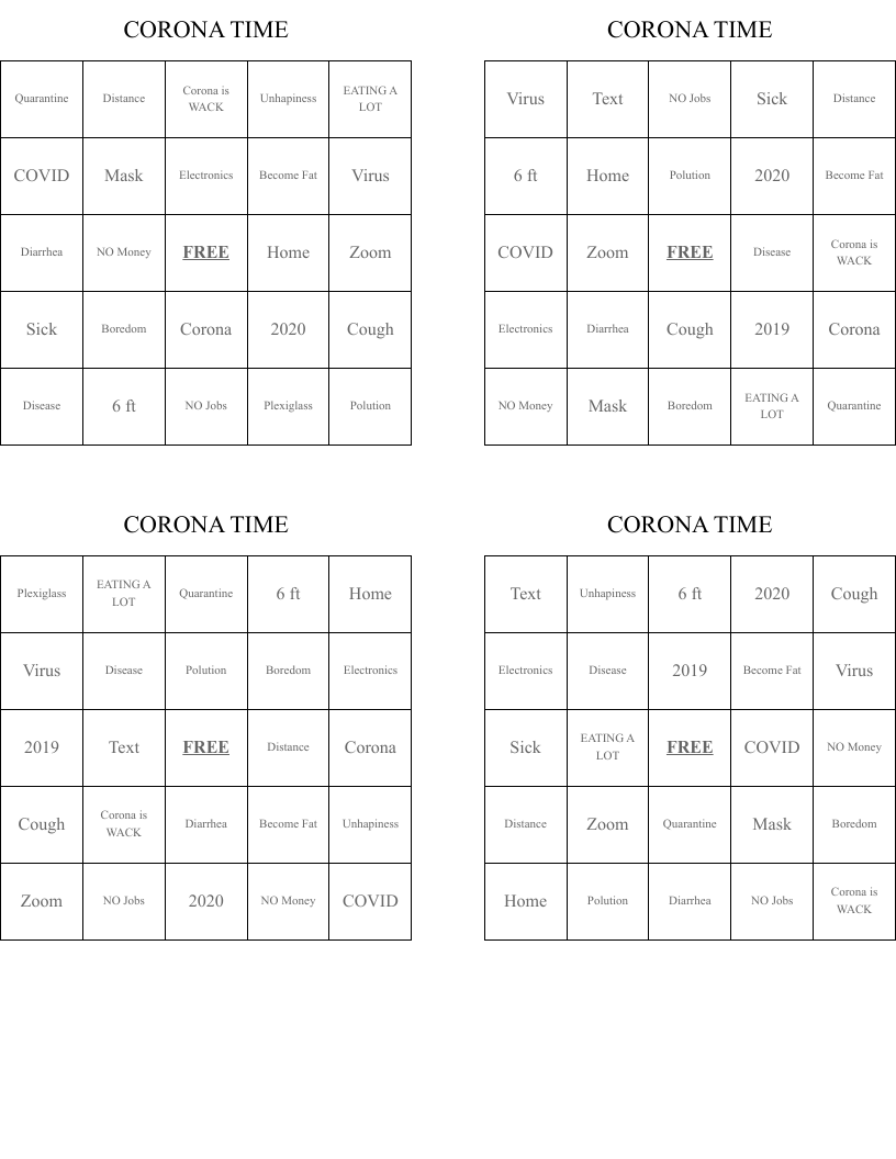CORONA TIME Bingo Cards