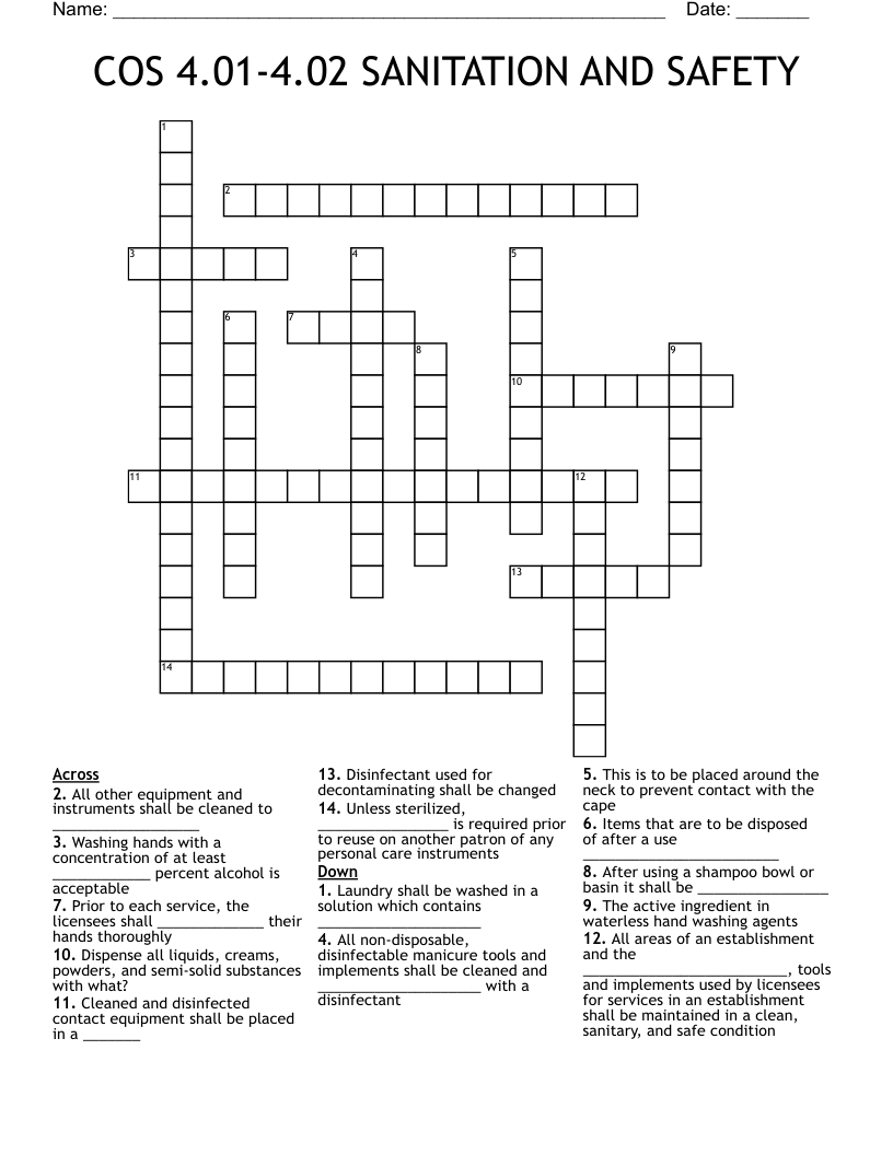 COS 4.01-4.02 SANITATION AND SAFETY Crossword