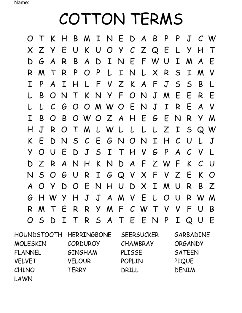COTTON TERMS Word Search