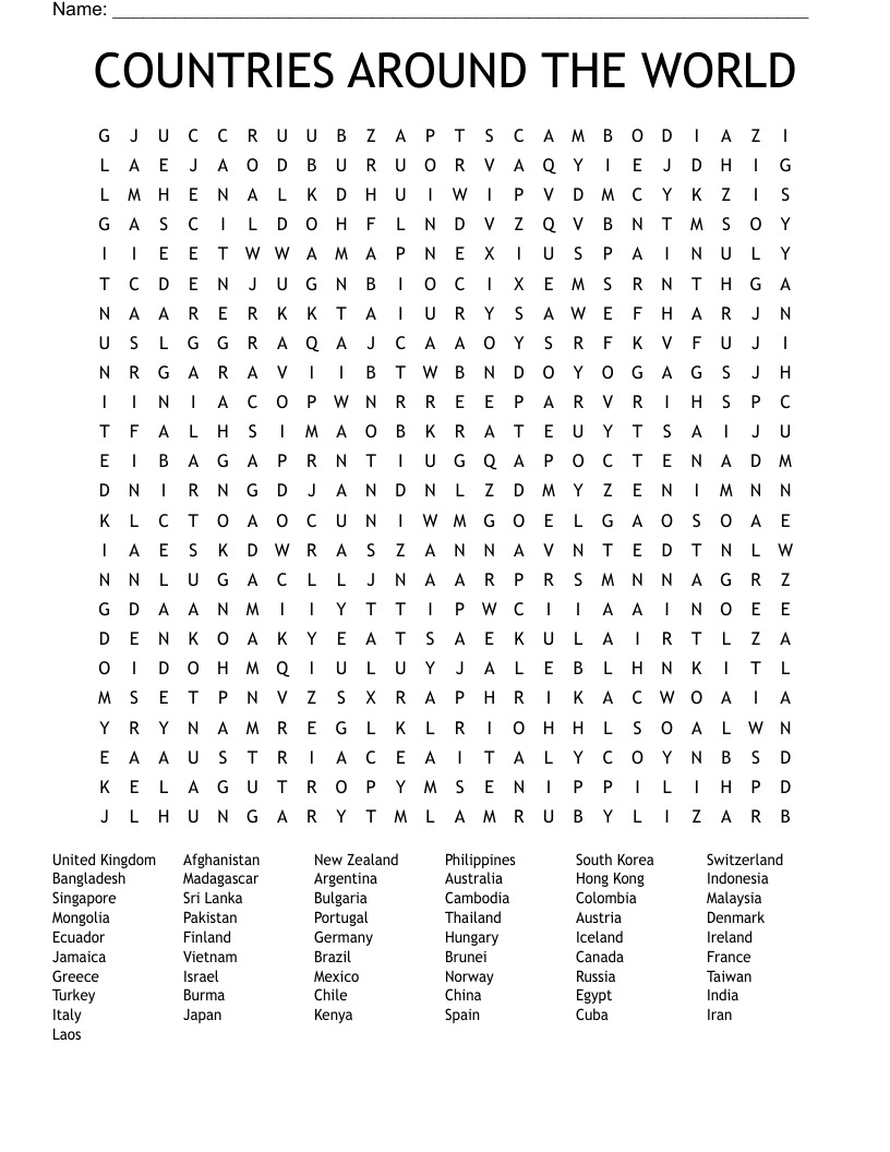 COUNTRIES AROUND THE WORLD Word Search