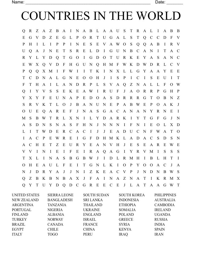 COUNTRIES IN THE WORLD Word Search