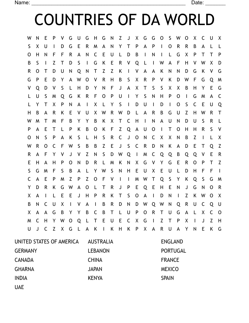 COUNTRIES OF DA WORLD  Word Search