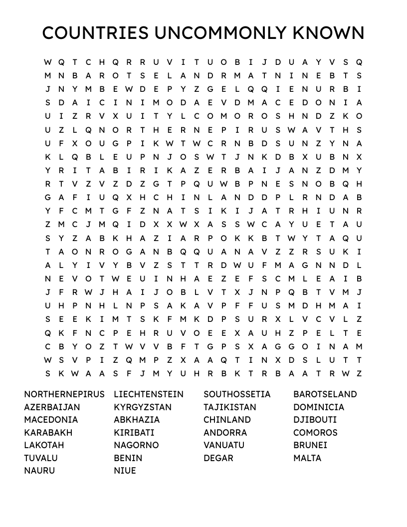 COUNTRIES UNCOMMONLY KNOWN Word Search