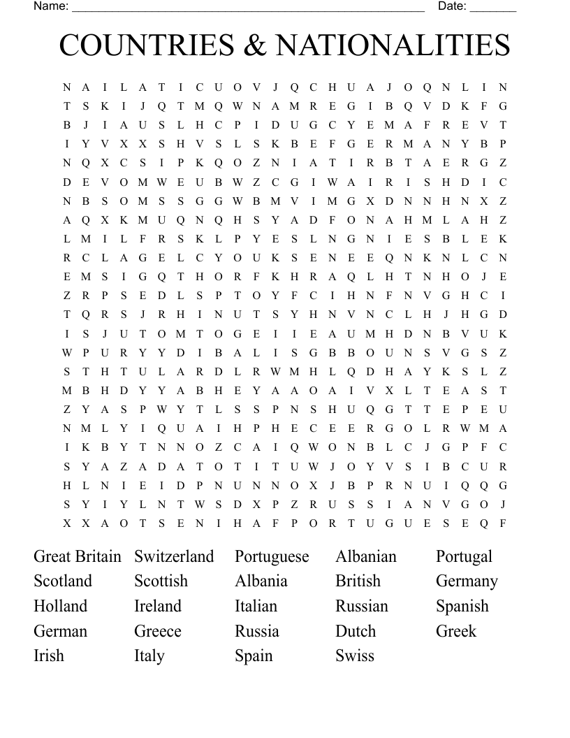 COUNTRIES & NATIONALITIES Word Search