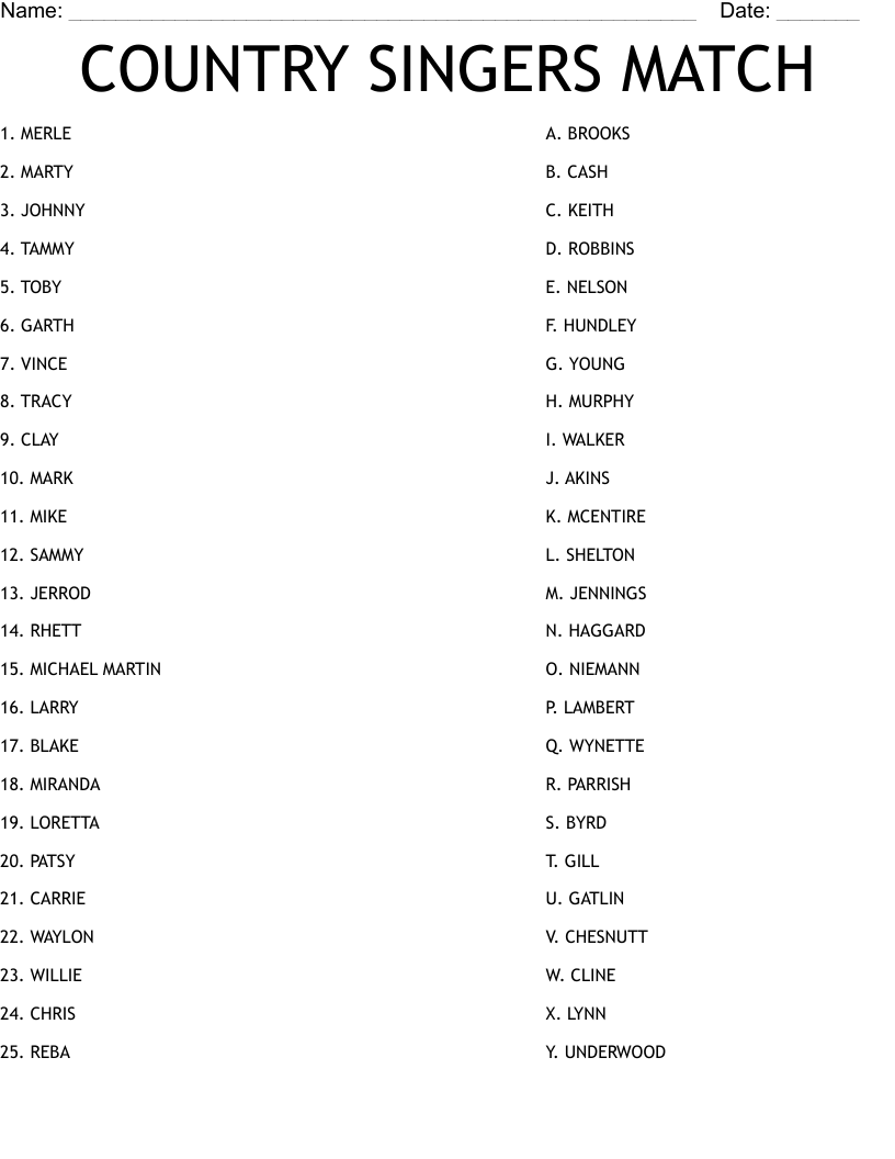 COUNTRY SINGERS MATCH Worksheet