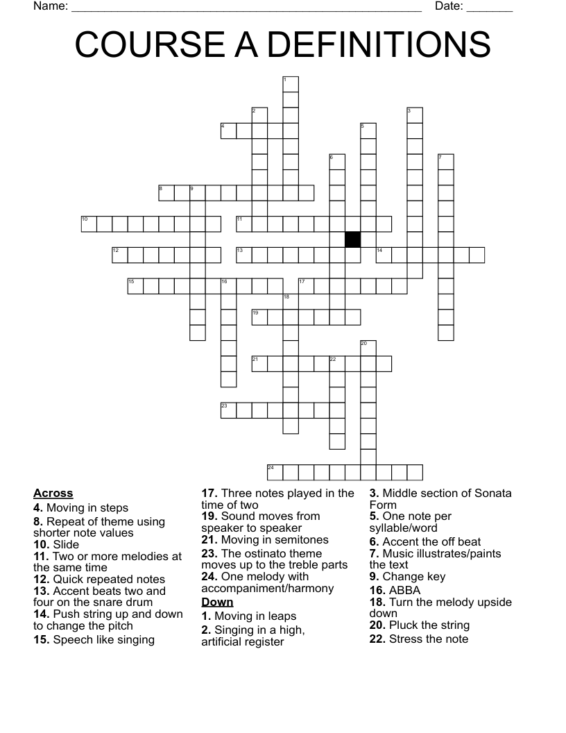 COURSE A DEFINITIONS Crossword
