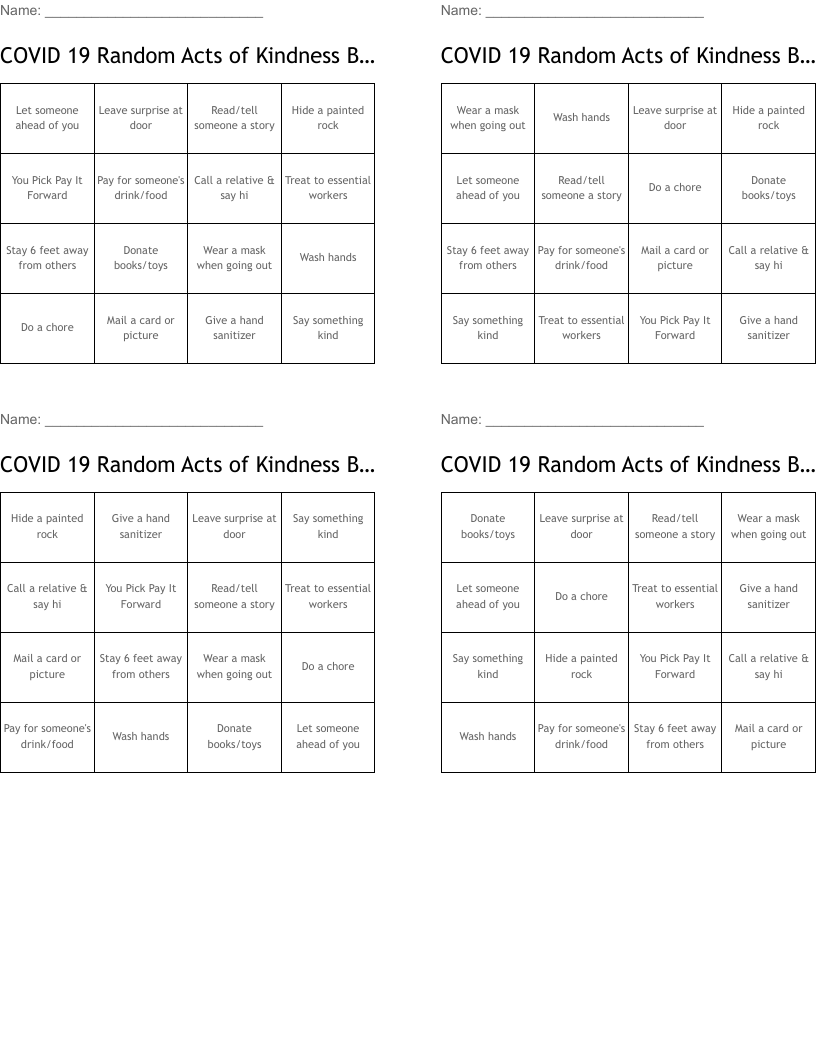 COVID 19 Random Acts of Kindness BINGO