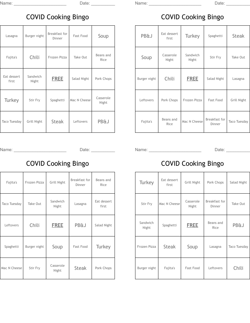 COVID Cooking Bingo