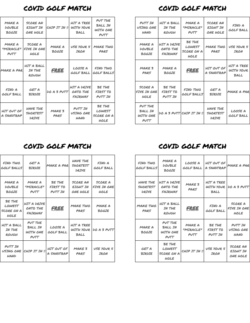 COVID GOLF MATCH Bingo Cards
