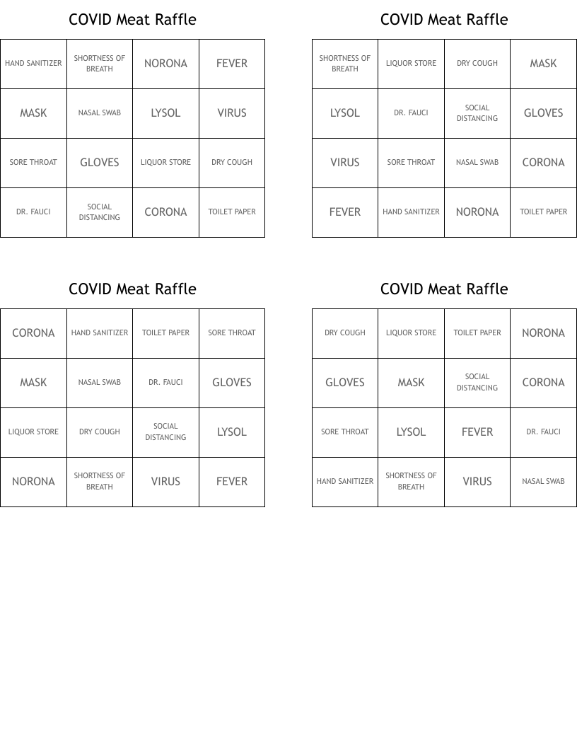 COVID Meat Raffle Bingo Cards