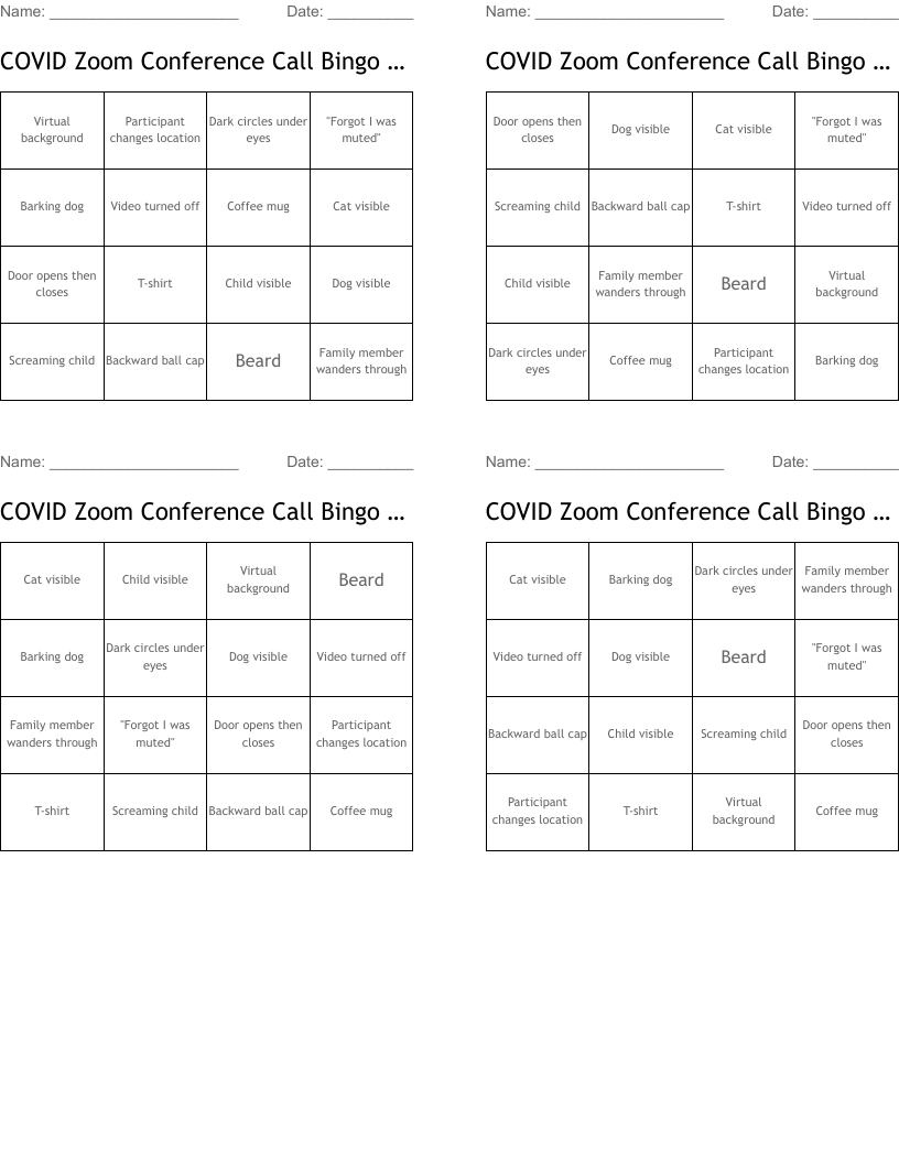 COVID Zoom Conference Call Bingo Card