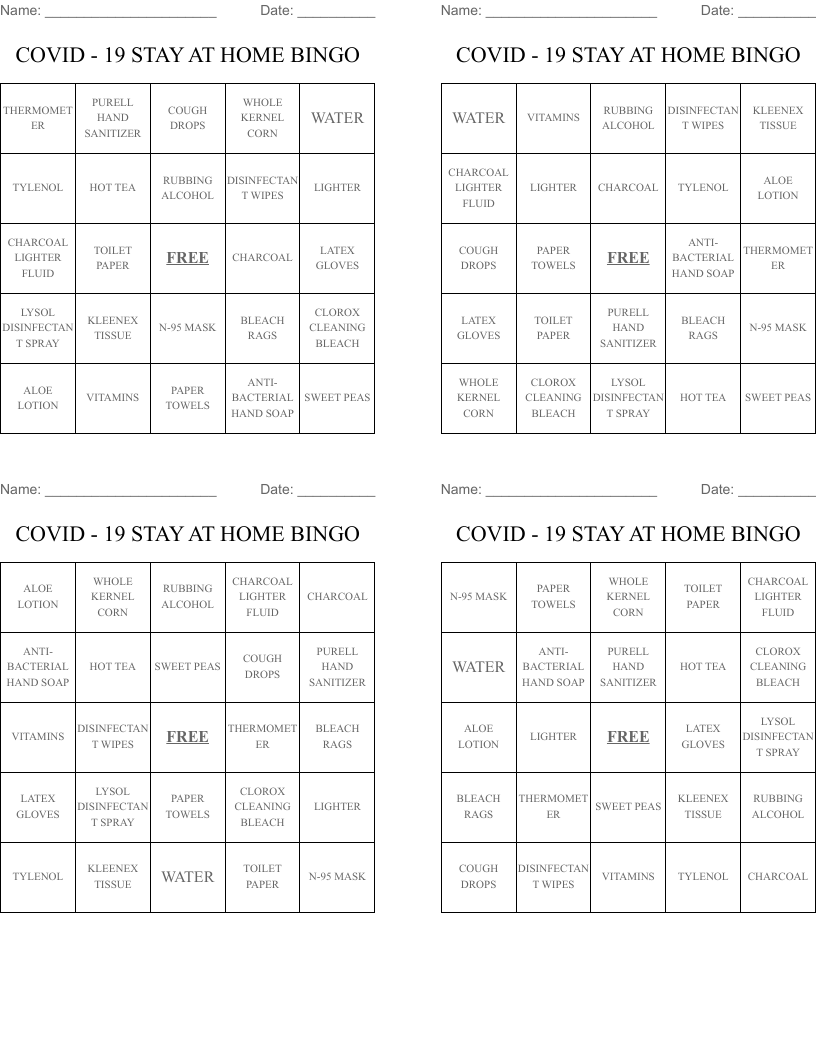 COVID - 19 STAY AT HOME BINGO