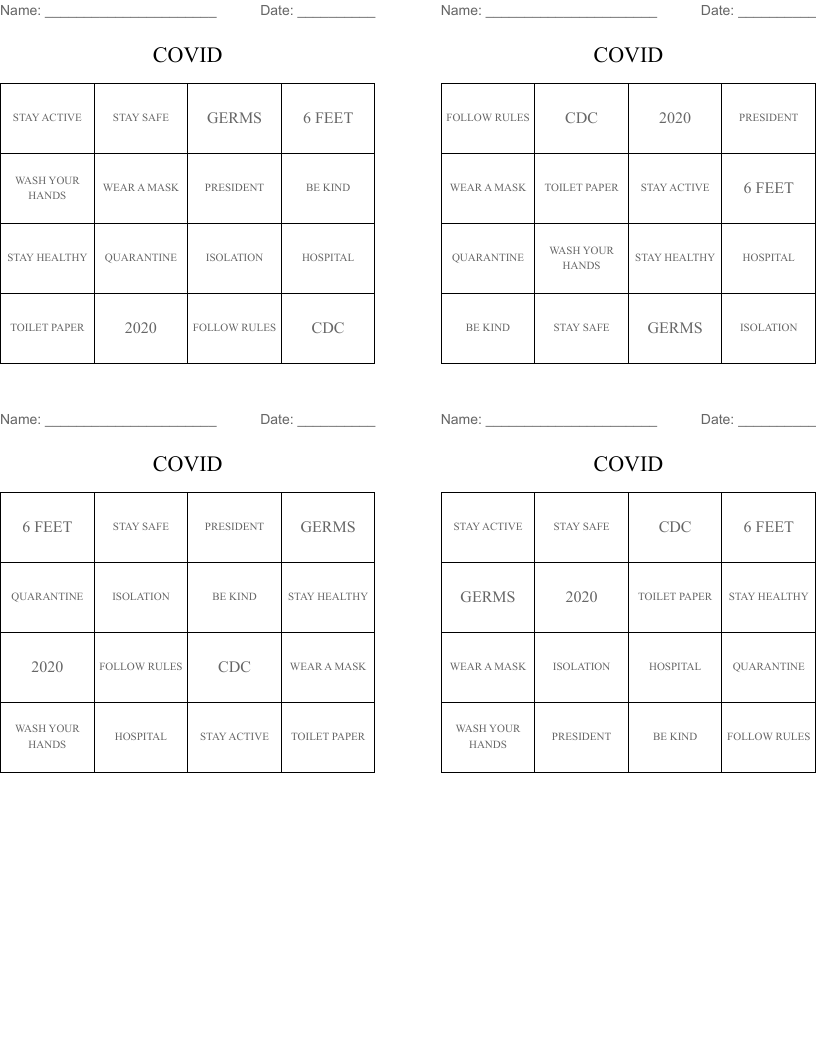 COVID  Bingo Cards