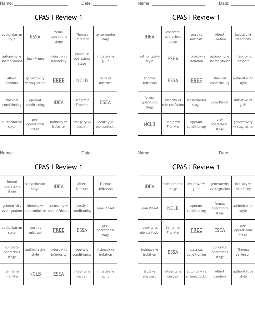 CPAS I Review 1 Bingo Cards