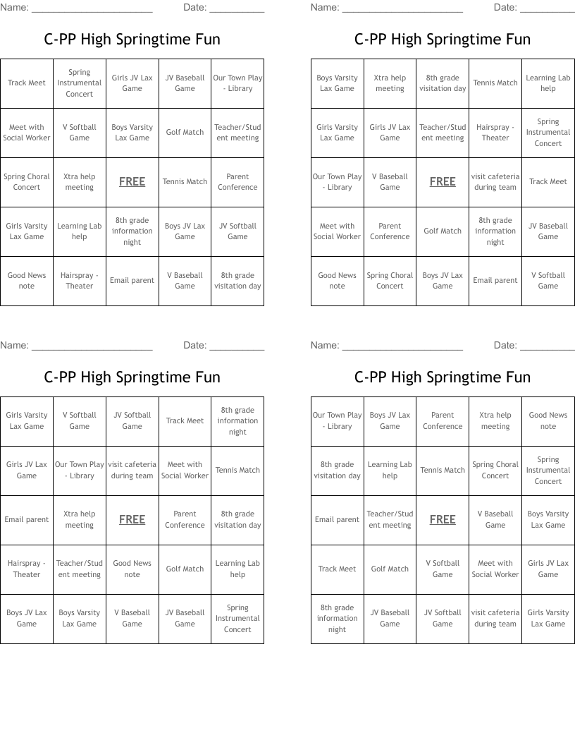 C-PP High Springtime Fun Bingo Cards