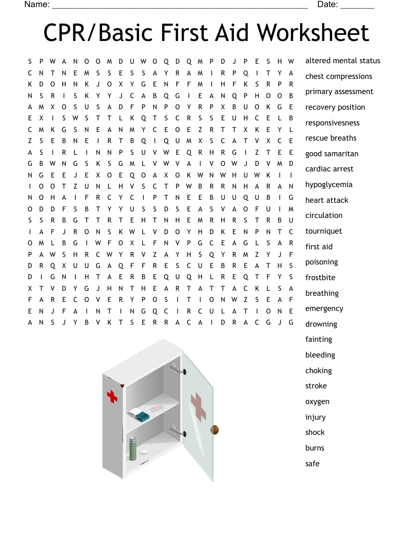 CPR/Basic First Aid Worksheet Word Search