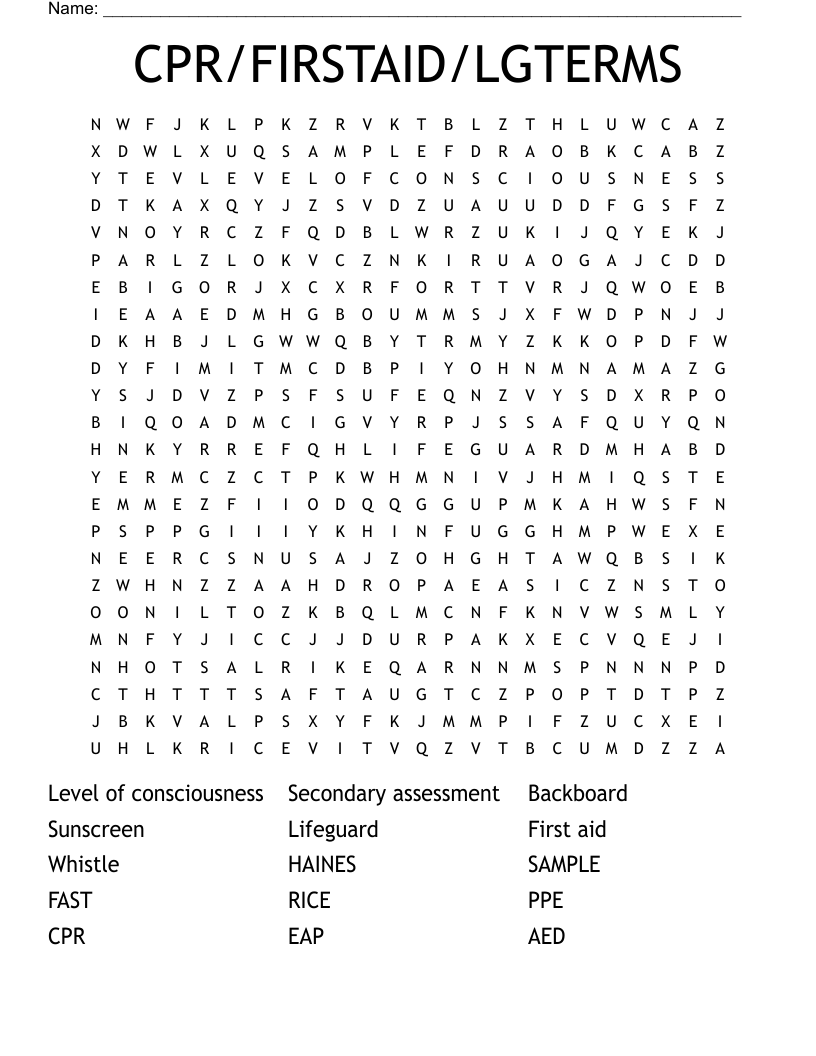 CPR/FIRSTAID/LGTERMS Word Search