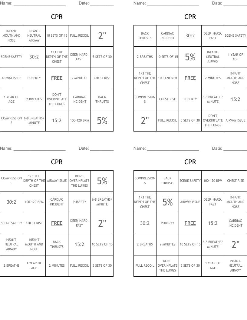 CPR Bingo Cards