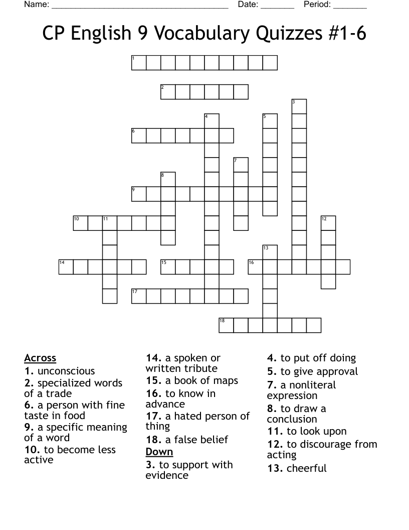 CP English 9 Vocabulary Quizzes #1-6 Crossword