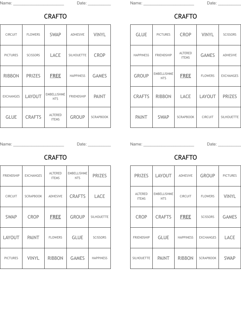 CRAFTO Bingo Cards