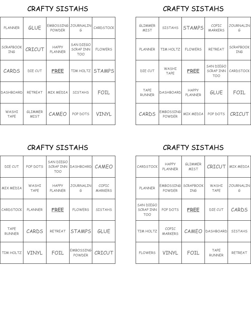 CRAFTY SISTAHS Bingo Cards